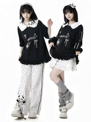 White Polka-Dot Pattern Cotton Straight-Leg Pants with Panda Plushie