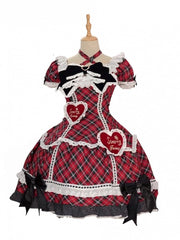 Red & Black Plaid Puff Sleeves Sweet Lolita Dress with Sweetheart Appliques