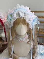 Pink & Blue Lolita Handmade Flower Details Ruffled Hairband