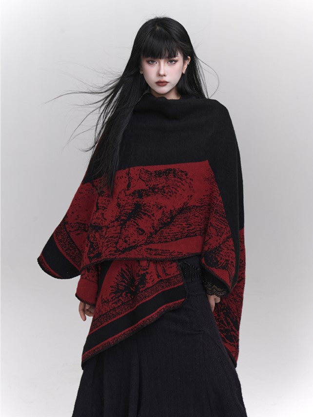Red & Black Gothic Ethnic Illustration Poncho