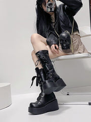 Y2K Black Buckle Strap Gothic Platform Knee-high Boots