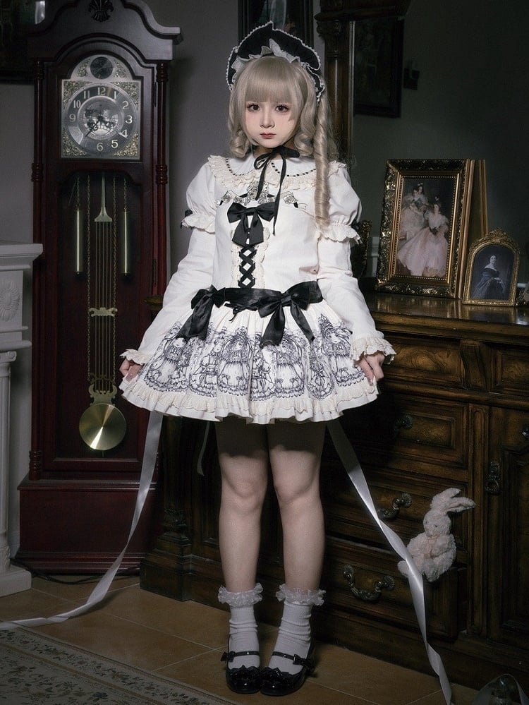 Beige Peter Pan Collar Doll Print Dropped Waist Lolita One Piece