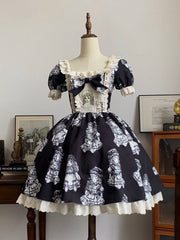 Black Doll Print Ruffle Trim Square Neckline Gothic One Piece