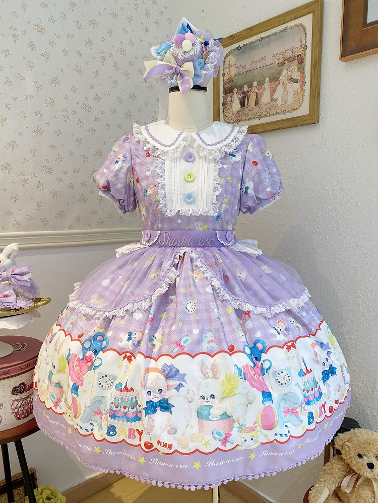 Lamb and Bear Print Purple Short Sleeves Sweet Lolita Peter Pan Collar Dress