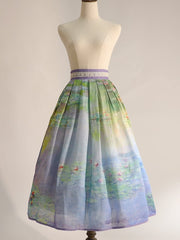 Water Lily Oil Painting Print Gray and Purple High Waist Skirt Long/Short Version