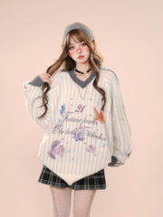 White Stripes V-Neck Plush Sweater with Ocean Print