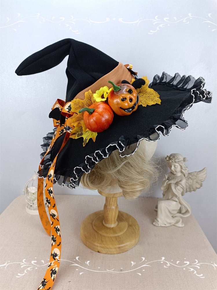 Halloween Pumpkins Lace Trim Black Witch Hat