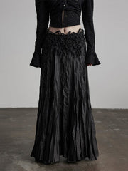 Urban Goth Black Pleated Straight A-Line Skirt with Waist Root Decor