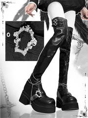 Y2K Black PU Thigh-high Platform Boots with Gothic Coffin Buckles & Detachable Cross Chain