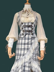Blue & White Plaid Steampunk Lolita Waistcoat with Button Details