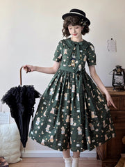 Long Version Dark Green Bear Print Short Sleeves Sweet Lolita Dress