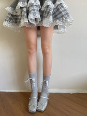 White/Light Grey Ballet-style Strap Design Calf Socks