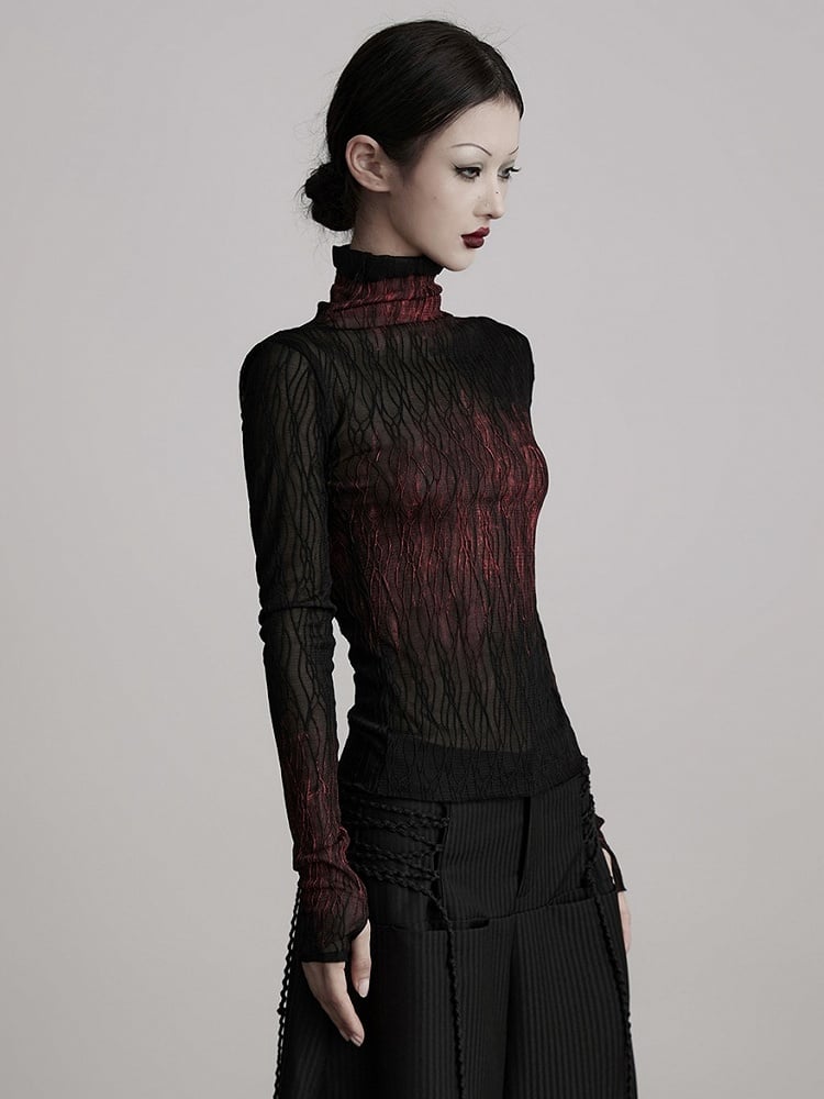 Urban Goth Black & Red Gradient Lace Knitted Long - Sleeve Top Long Version
