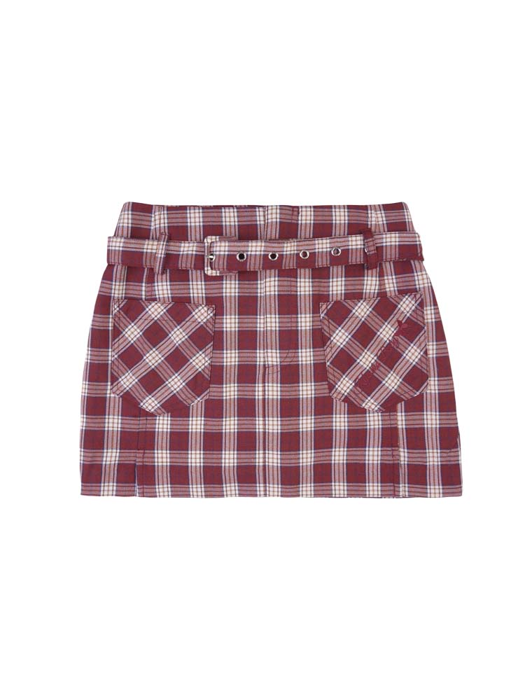 Waist Belt Design Side Slit Red Plaid Short Skirt