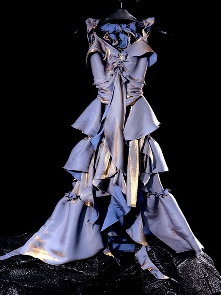 Purple Ruched Design Flounce Hem Vintage Dress