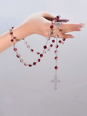 Cross Pendant Wine Red/Black Beads Chain Necklace