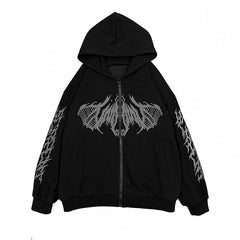 Gothic Regular/Thicken Black Zip-Up Hoodie with Skeletal Wing Print