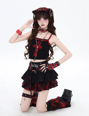 Y2K Black and Red Plaid Buckle Belt Design Lined Tiered Skirt with Cross Garter