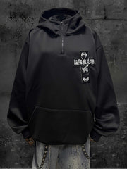 Y2K Black Hoodie with Cross Embroidery Applique and Partial Zip Placket