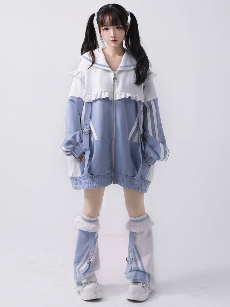 White&Blue Jirai Kei Sailor Collar Zip Closure Sweatshrit Jacket With Asymmetrical Leg Warmers