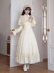 Ruffle Neckline Beige Lace-up Waist Elegant Lolita Dress with Detachable Shawl