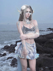 Lace Applique Dusty Blue Velvet Camisole with Detachable Bead Chains