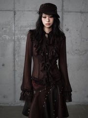 Brown Vintage Princess Tie-Neck Blouse with Tiered Flounce Lace & Button-Down Front