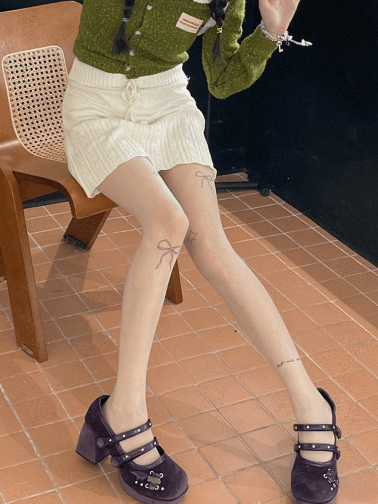 White/Nude Semi-sheer Bowknot and Star Print Pantyhose
