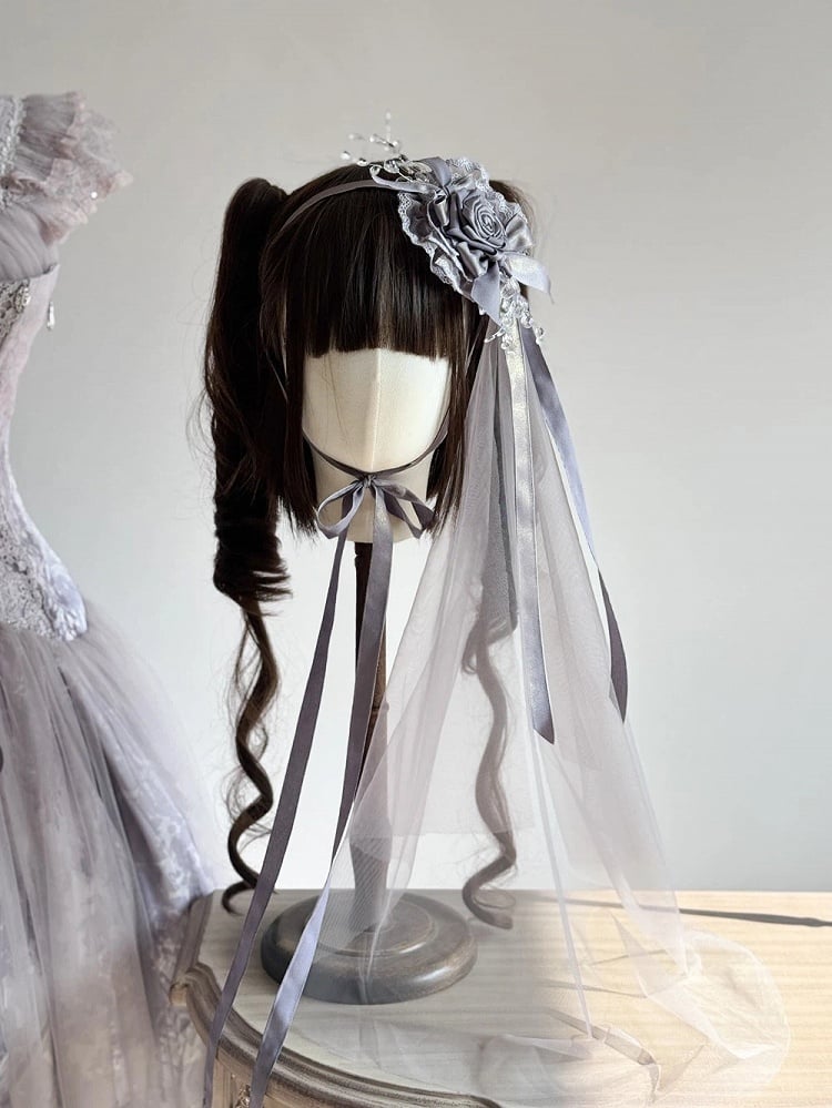 Wisteria Purple Classic Lolita Hairclip with Veil (Rose & Lace Details)