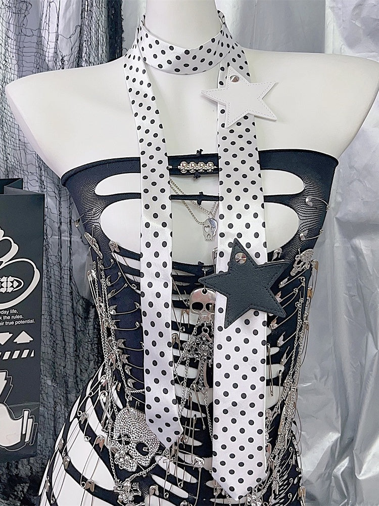White/Black Y2K Star Applique Polka-dot Pattern Neck Tie