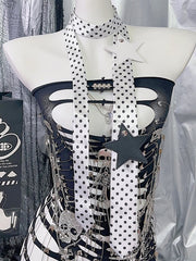 White/Black Y2K Star Applique Polka-dot Pattern Neck Tie