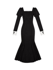 Black Juliette Sleeves Lolita Mermaid Dress with Cross Embroidery Patch Cuffs
