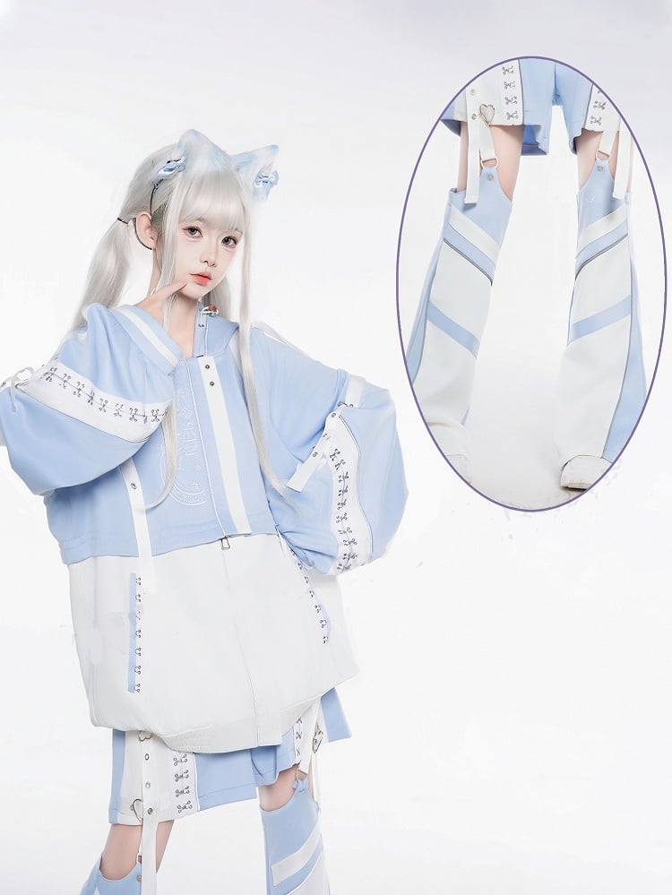 Techwear Cyberpunk Leg Warmers: Light Blue Colorblock Design | Tenshi Kaiwai Aesthetic