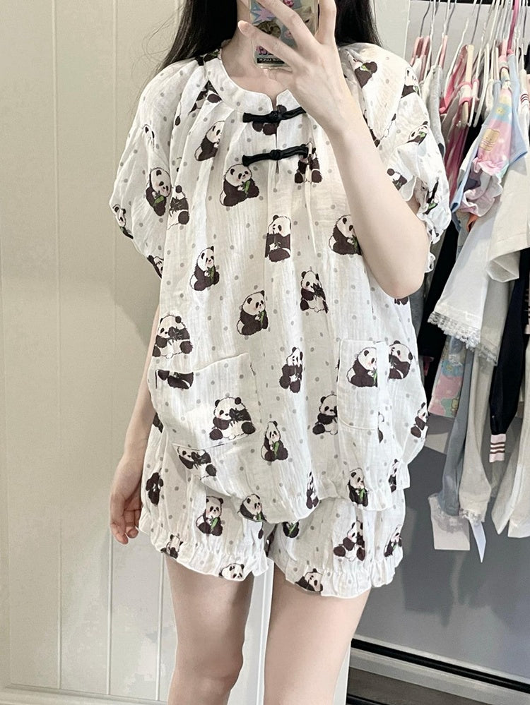 White Panda and Polka-dot Pattern Pajama Set