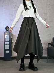Gray Elastic Waist Handkerchief Hem Skirt with Woven Waist Cord for Fall/Winter