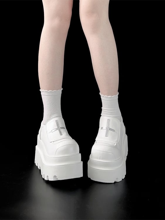 White Punk Platform Shoes with Cross Motif & Slip-in Fit Design