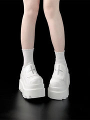 White Punk Platform Shoes with Cross Motif & Slip-in Fit Design