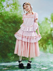 Pink Floral and Bowknot Print Skirt with Lace Trim