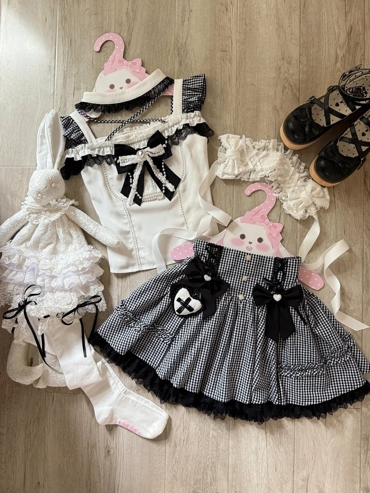 Jirai Kei Alt-Moe Black Plaid Cross Halter Top with Cutout Shoulder / High-Waist Skirt