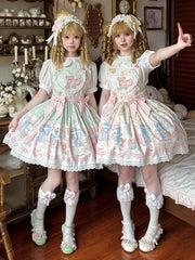Teddy and Bunny Plush Toy Print Creamy White Sweet Lolita Overall Dress