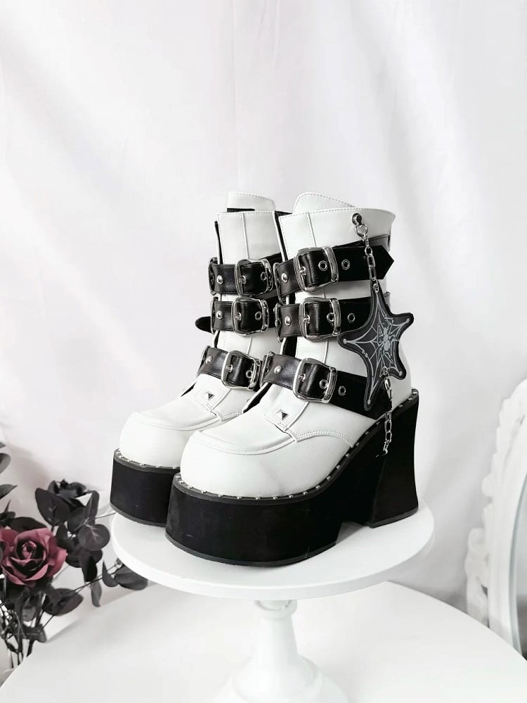 White Punk Boots with 11.5cm Platform Sole, Back Zip Closure & Stud Embellishments
