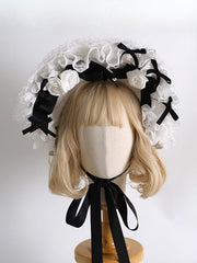 Black&White Maid Lolita Floral Design Bowknot Details Lace Trim Bonnet