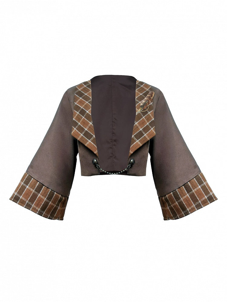 Steampunk Dark Brown Open Placket Cropped Jacket With Coffee Plaid Pattern Collar And Cuffs