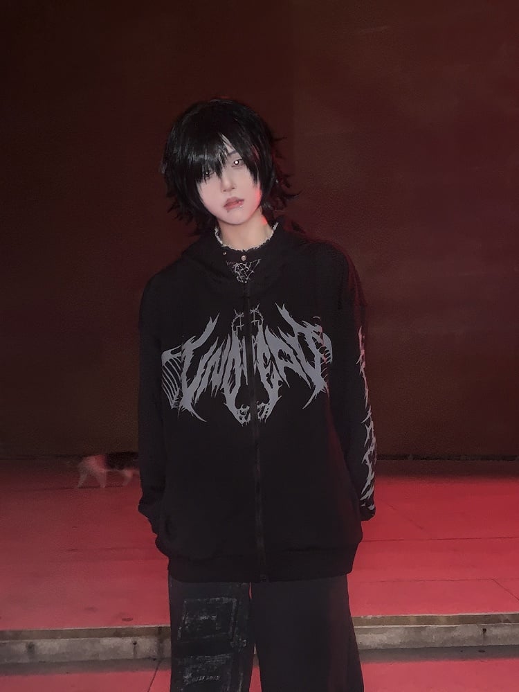 Gothic Regular/Thicken Black Zip-Up Hoodie with Skeletal Wing Print