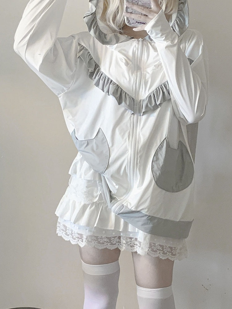 White & Gray Kitty Ear Sun Protection Hooded Jacket