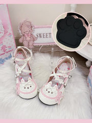 White Sweet Lolita Mid-heel Shoes in PU Leather - Cat Decor, Bow Accents, Heart Closure & Paw-shaped Heel
