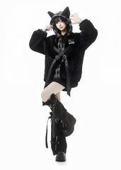 Winter Wolf Ears Design Plaid Hooded Black Plush Coat
