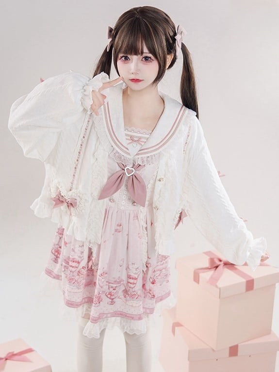 Pink&White Jirai Kei Bowknot Details Lace Trim Cardigan