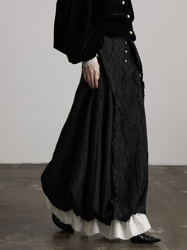 Urban Goth Black Floral Embroidery Bubble Skirt with Braided Rope Decor