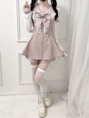 Sweet Jirai Kei Pink Coord Set: Sailor Collar Dress with Mesh Sleeves, Shorts & Detachable Bow
